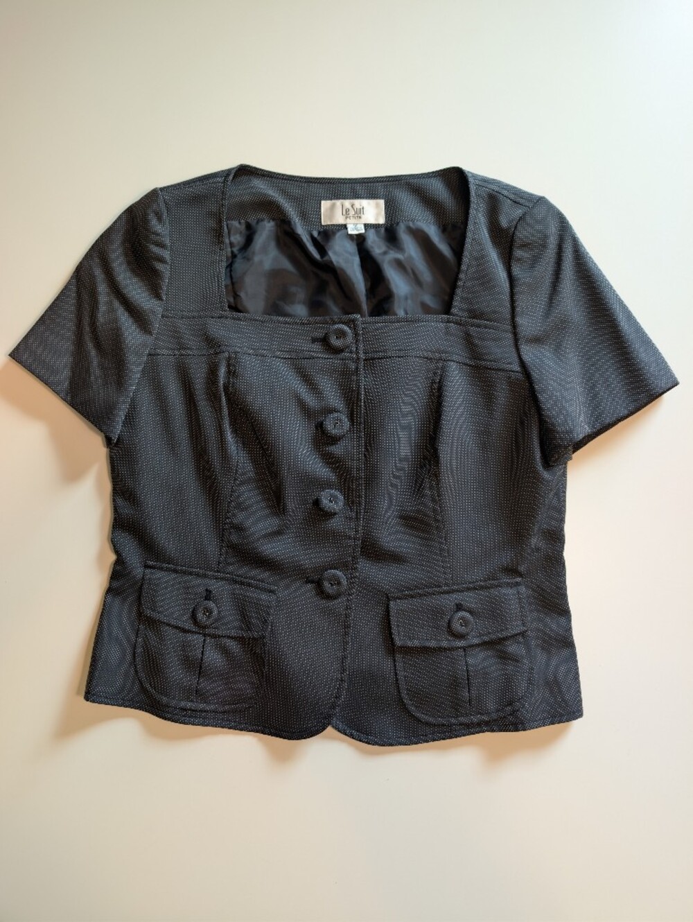 Le Suit Petite Square Neck Short Sleeve Blazer Jacket Black Microdot 8P